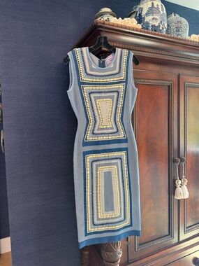 Herve Leger Blue and Cream Geometric Knit Midi Dress